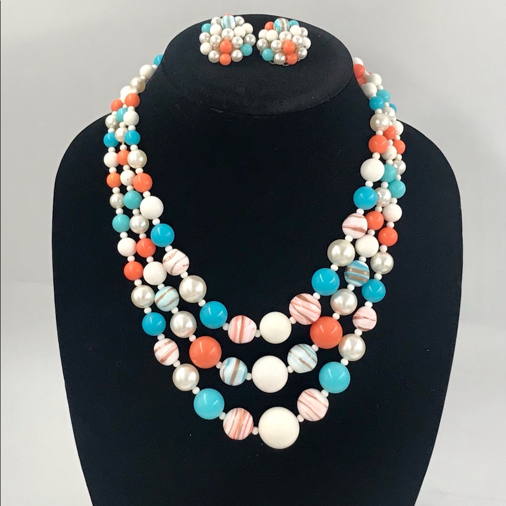 Vintage 3 Strand Necklace with Clip On Earrings